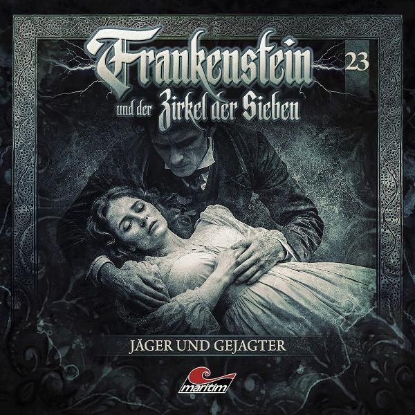 Mann umarmt bewusstlose Frau, Frankenstein-Cover mit Text.