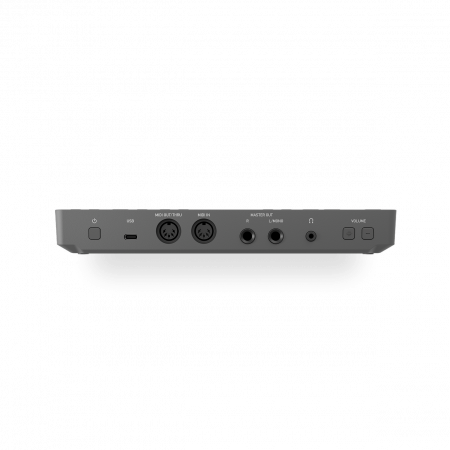 Szürke készülék portokkal: USB, MIDI IN/THRU, MASTER OUT, fejhallgató, hangerő.