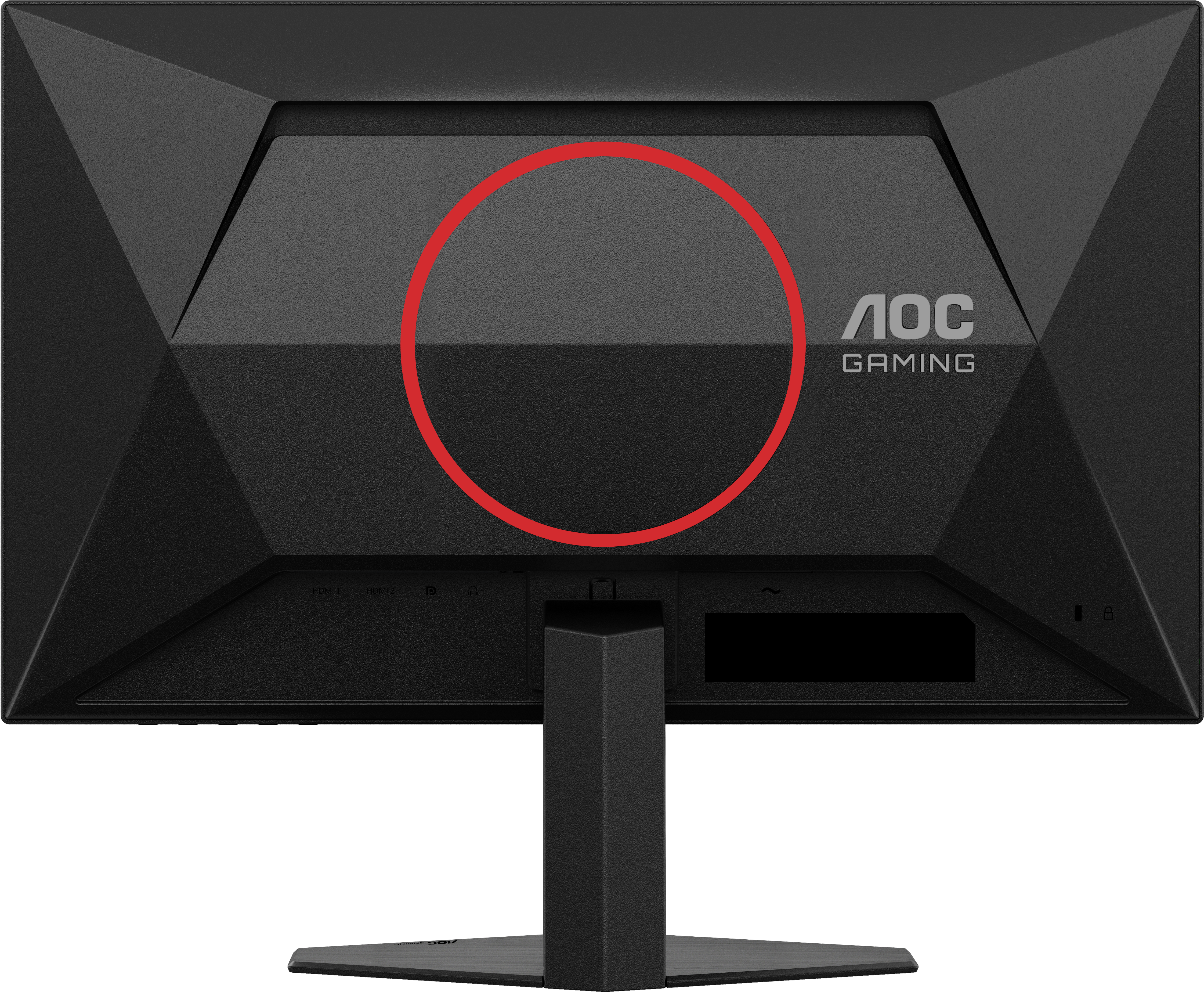 Retro di un monitor AOC Gaming nero con un cerchio rosso attorno a un'area.