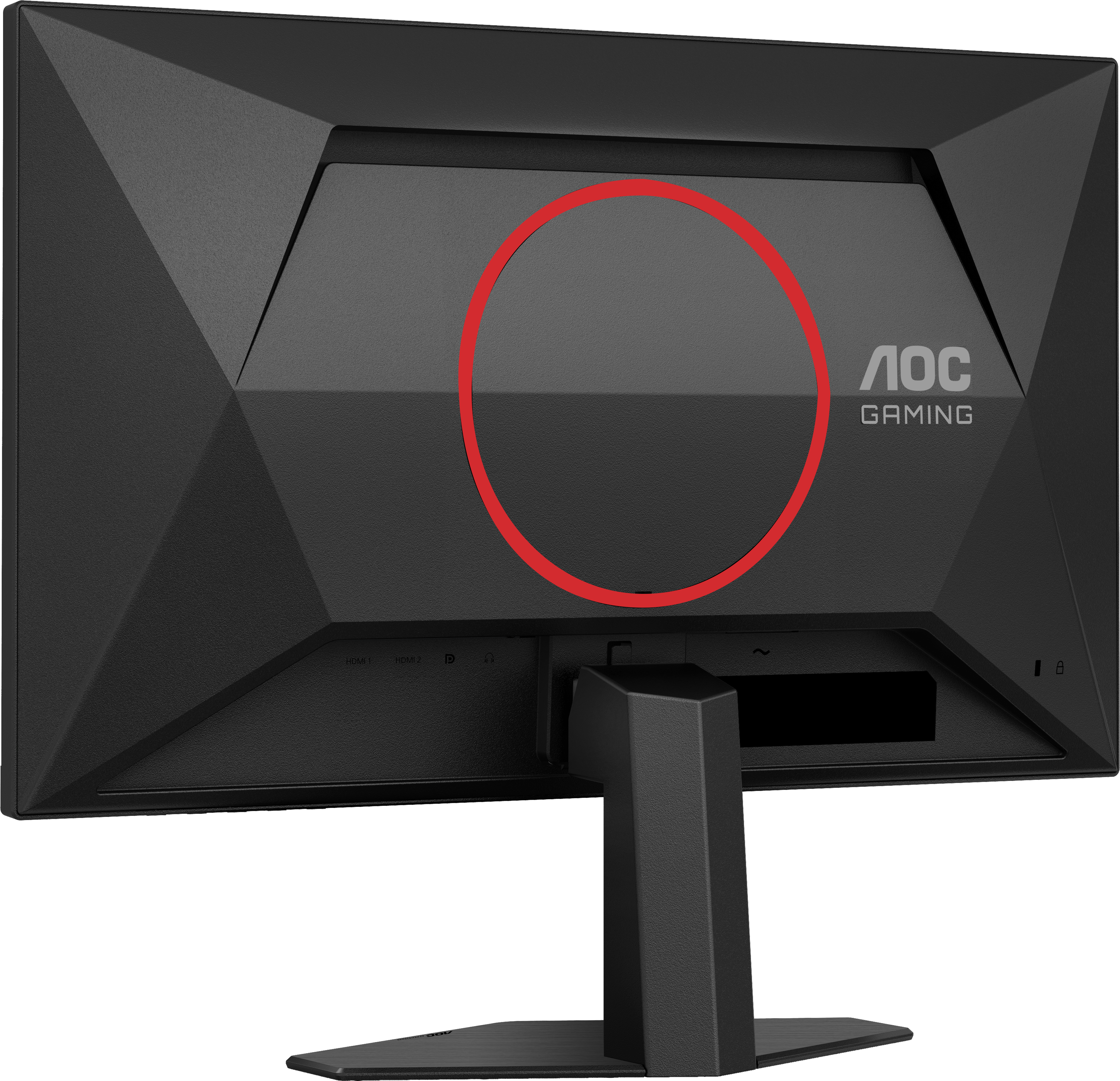 Retro di un monitor AOC Gaming nero con porte e logo.
