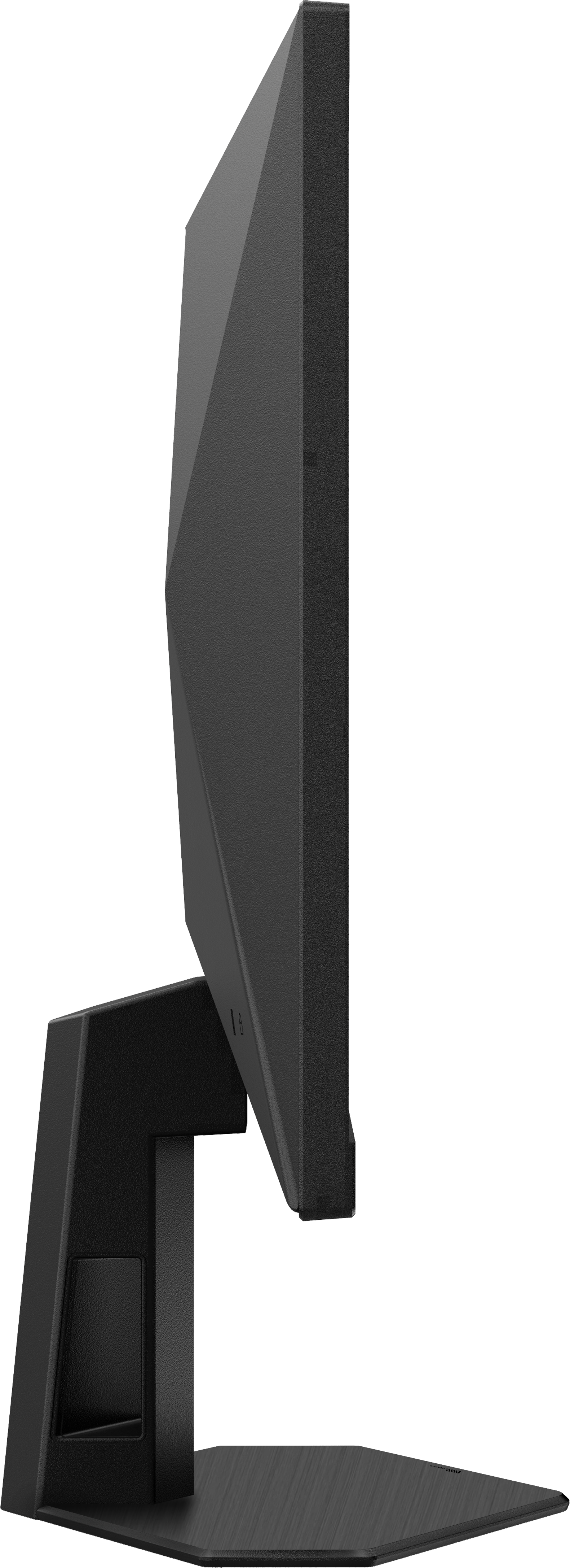 Un monitor di computer nero su un supporto, visto di lato.