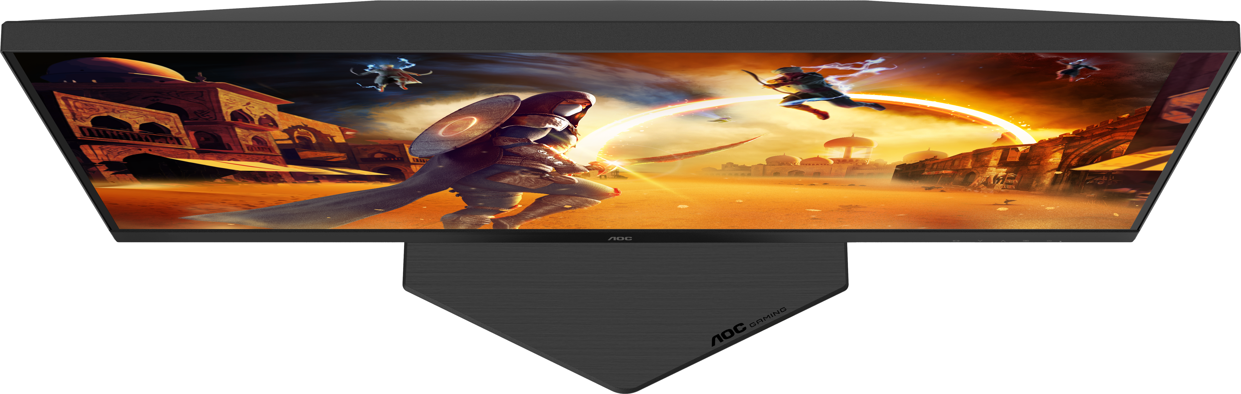 Un monitor da gaming mostra una scena fantasy con guerrieri in una città desertica.