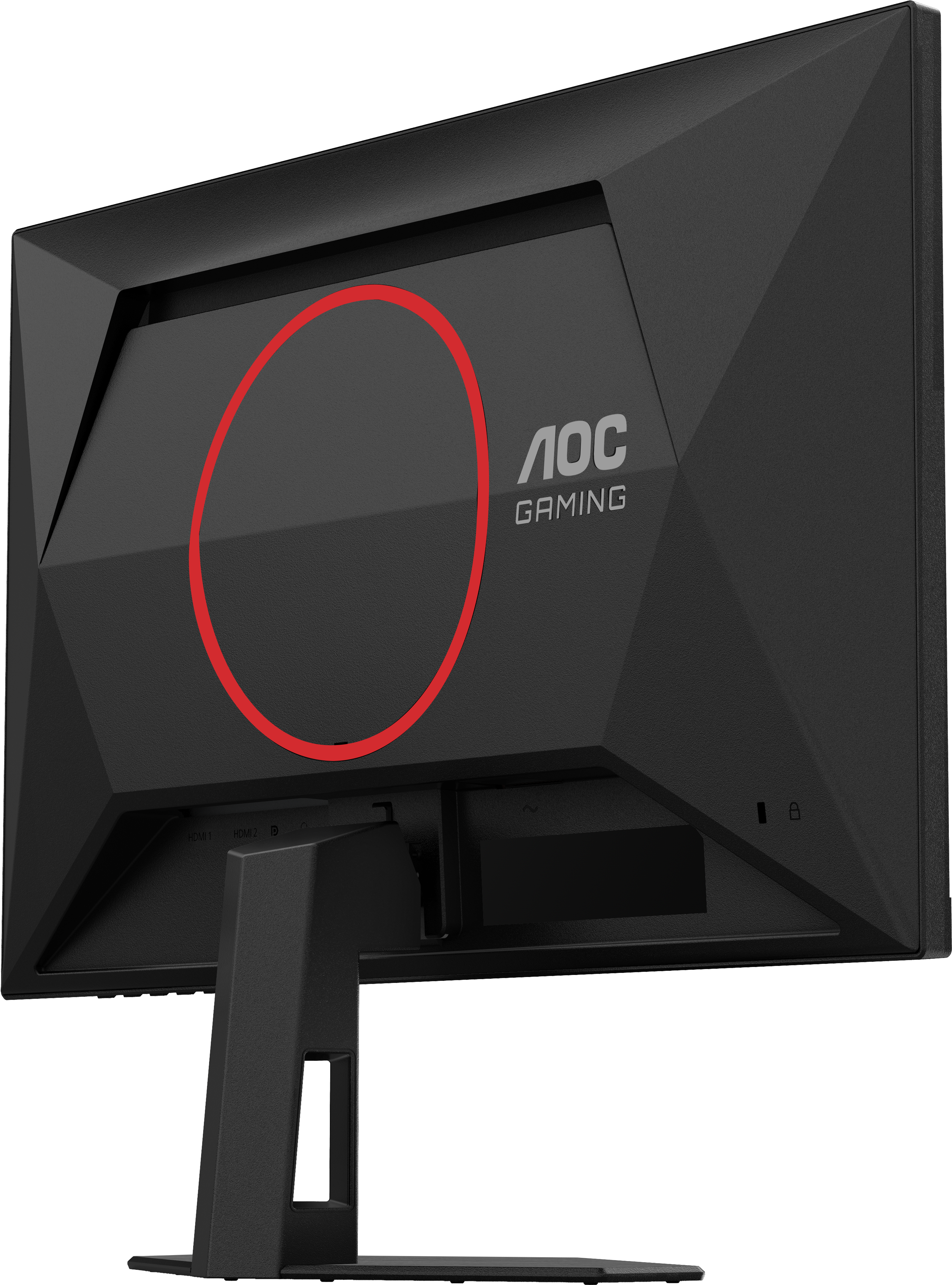Retro di un monitor AOC Gaming nero con cerchio rosso, porte e logo.