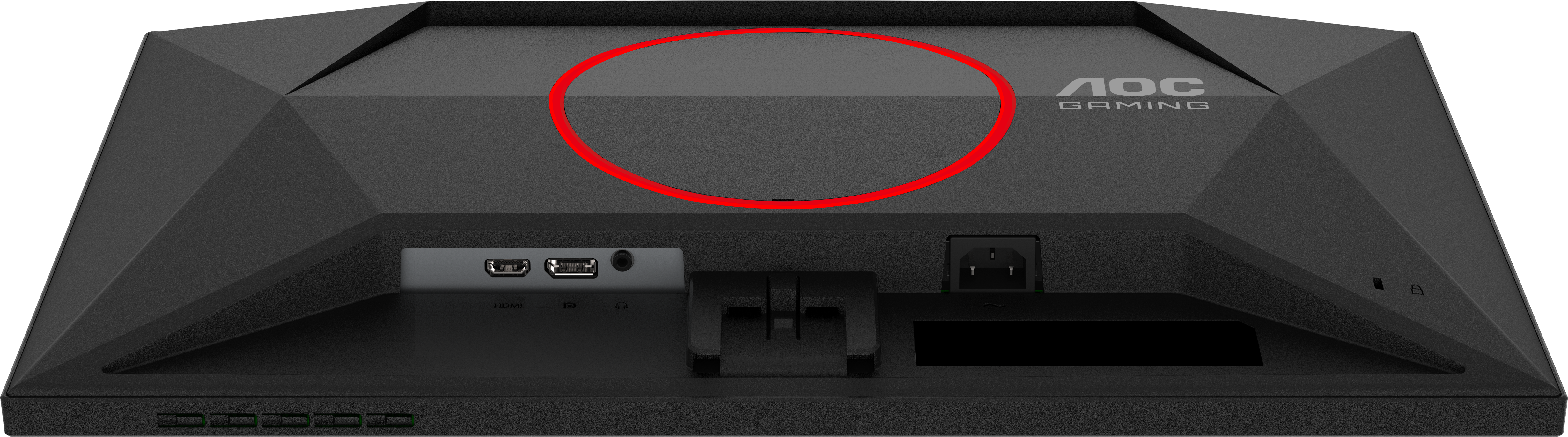 Vista posteriore di un monitor AOC Gaming nero con porte e logo.