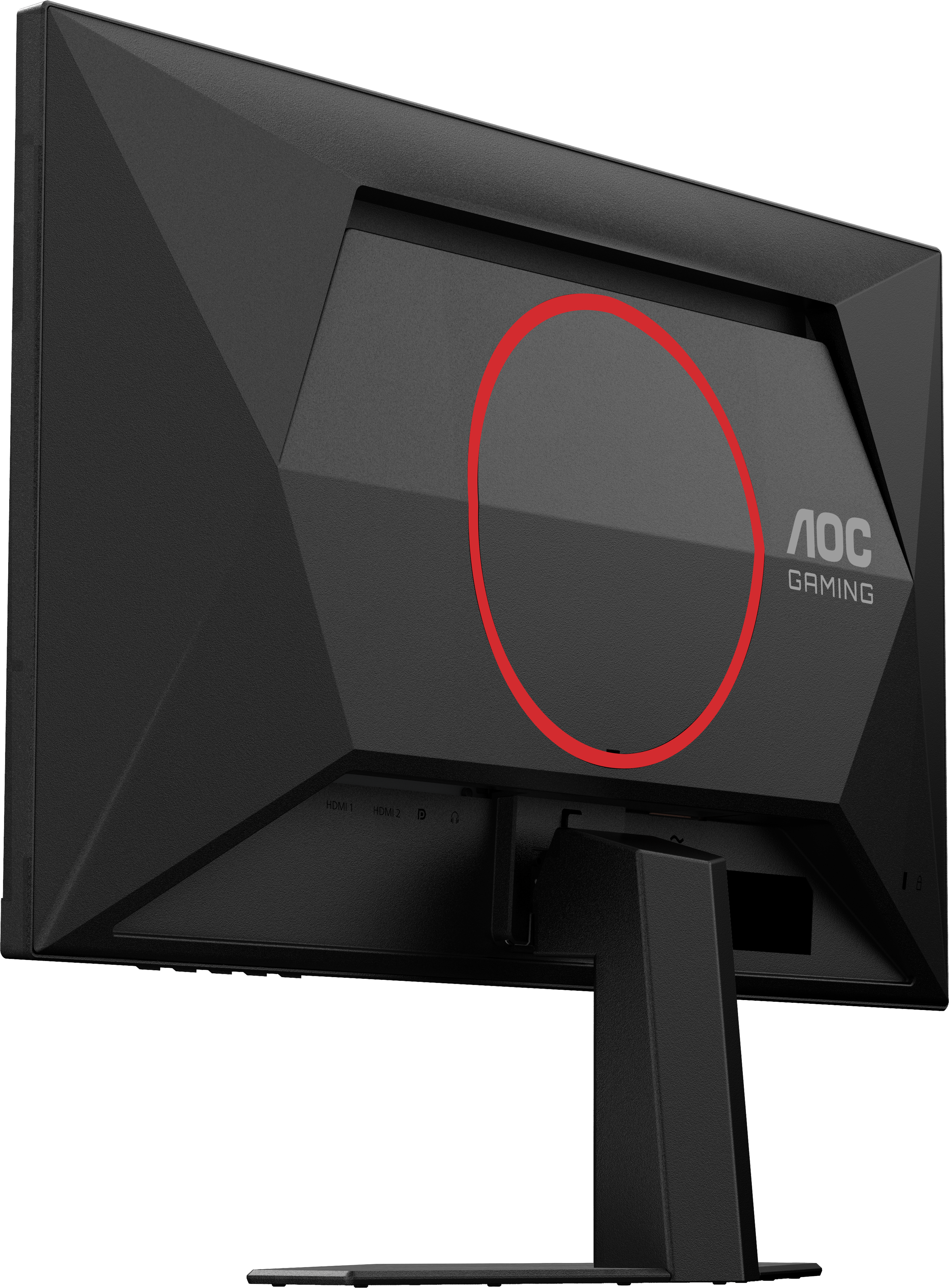 Retro di un monitor AOC Gaming nero con cerchio rosso su pannello lucido.