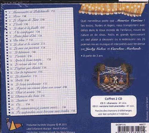 CD-Cover mit Gedichtliste links und Beschreibung rechts. Unten eine kleine Bühne mit Figuren.