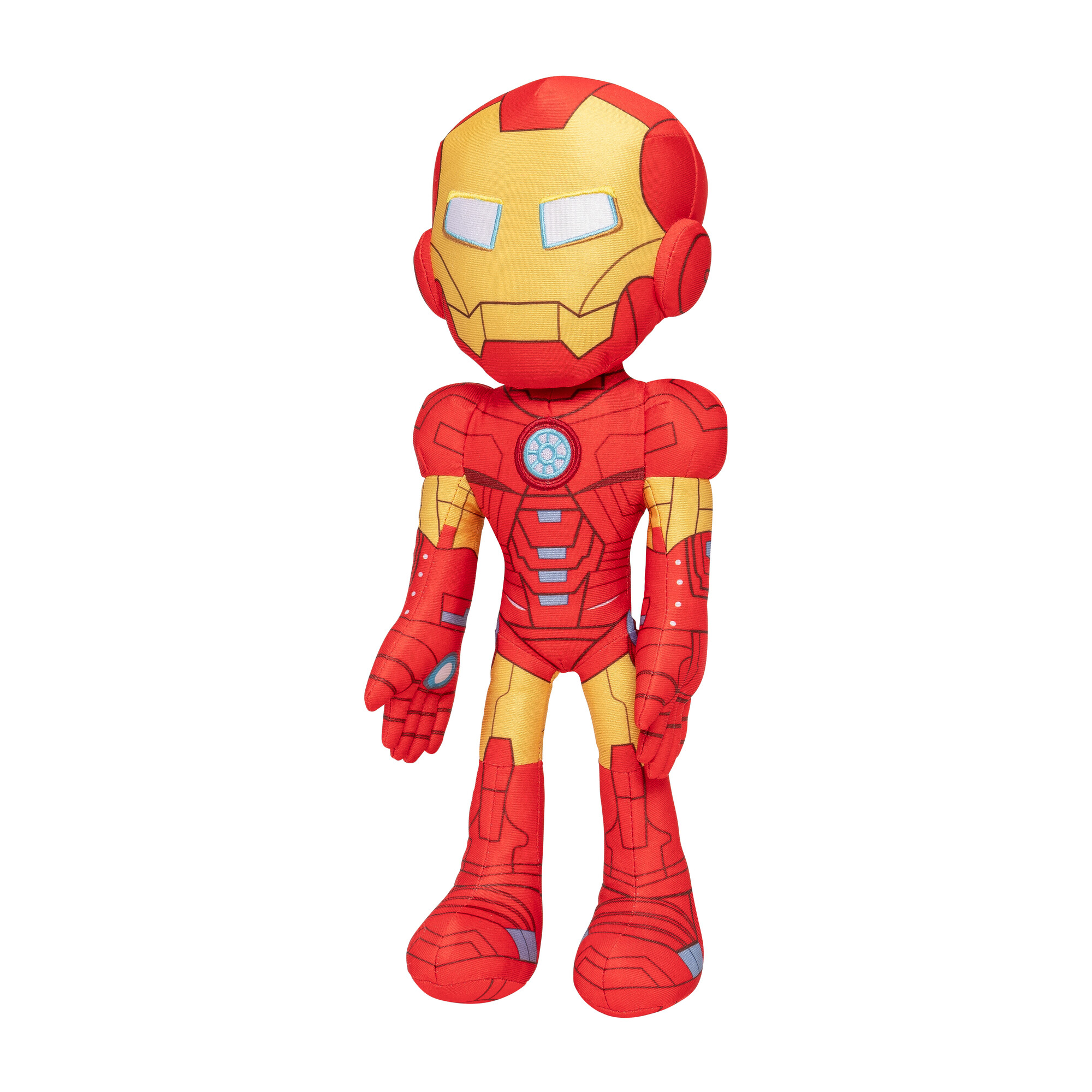 Iron Man plüssjáték pirosban és aranyban, fehér szemekkel és kék mellkasrésszel.