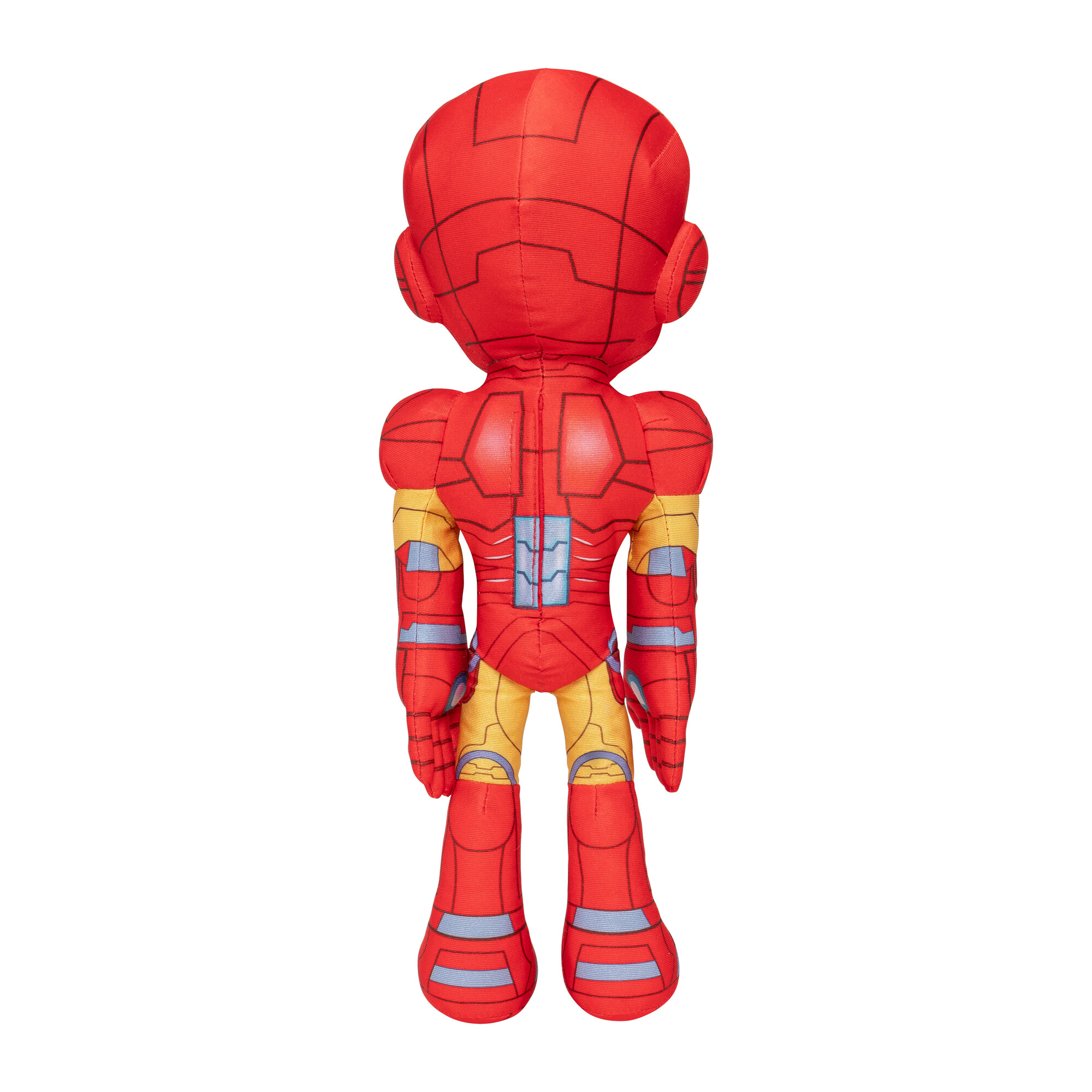 Plüss Iron Man játékfigura hátulról, piros, sárga és kék színekben.