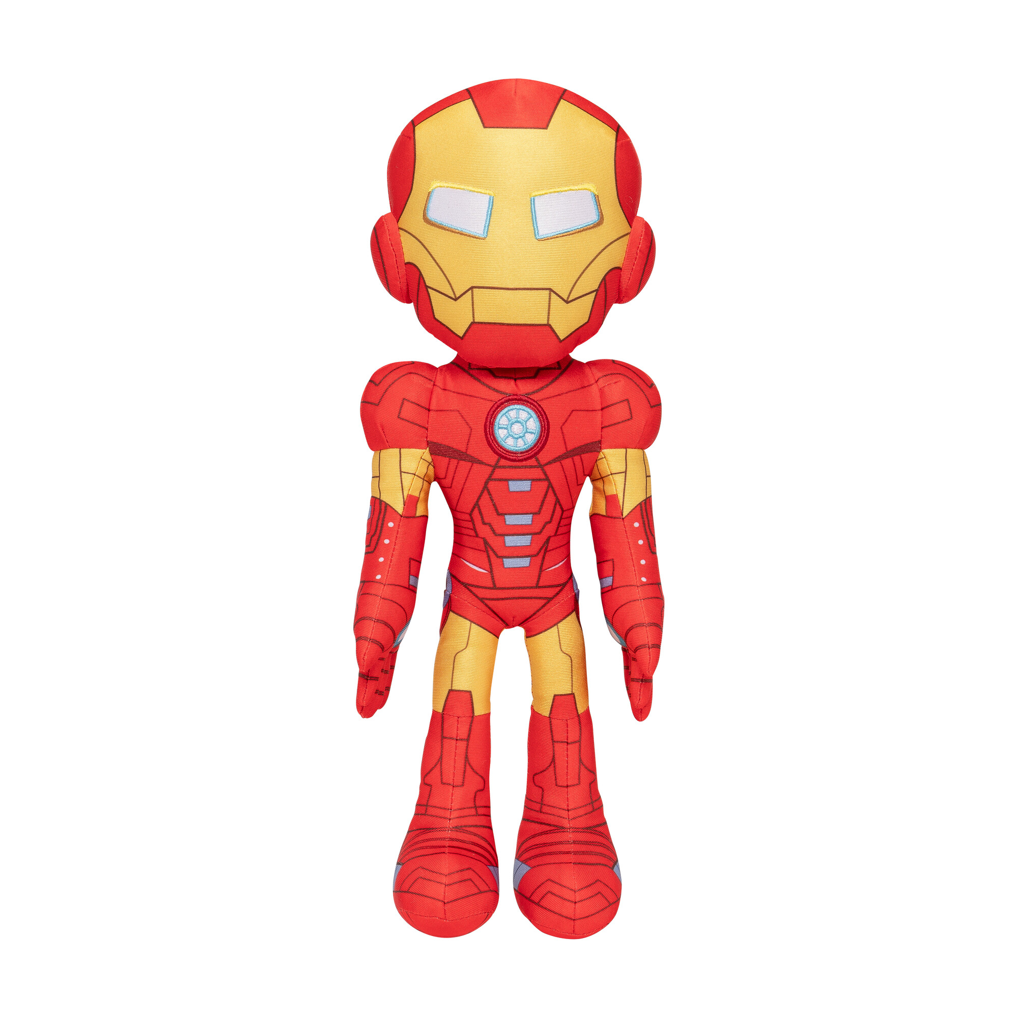 Egy vörös és arany ruhás Iron Man plüssjáték áll fehér háttér előtt.