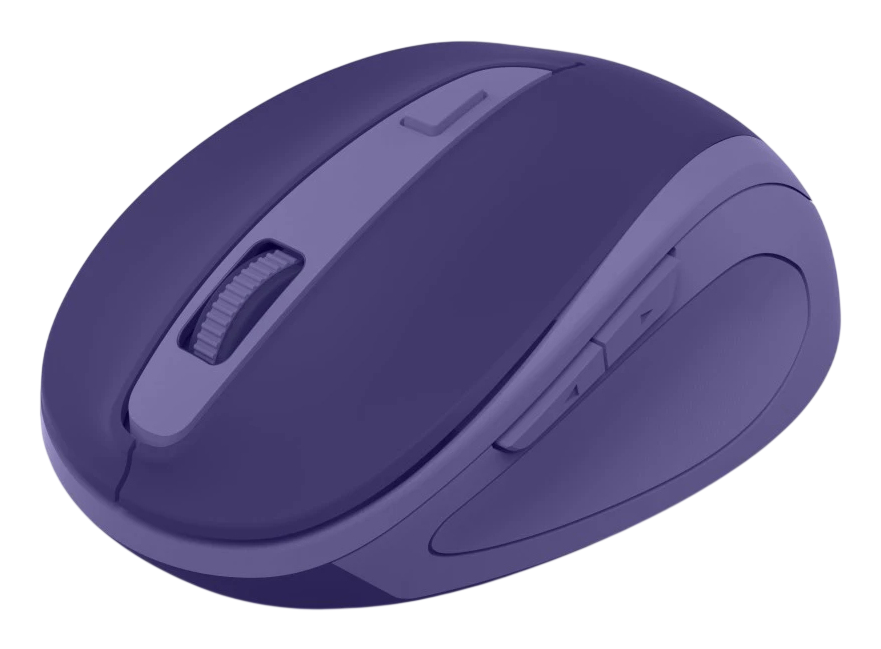 Eine violette Computermaus mit Scrollrad und seitlichen Tasten.