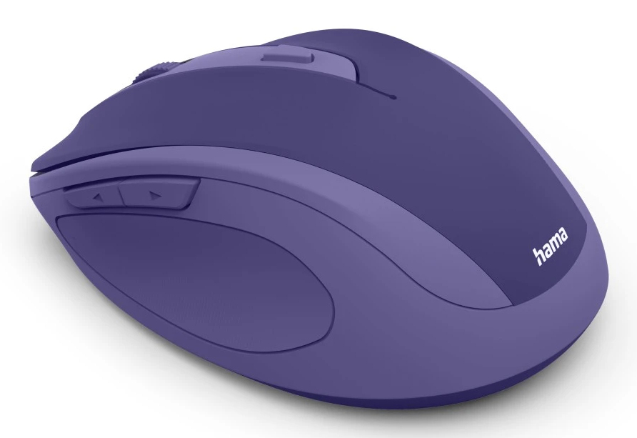 Lila Computermaus mit Scrollrad und Tasten, Hama Logo.