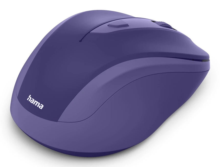 Eine lila Computermaus mit dem Hama-Logo auf der Seite.