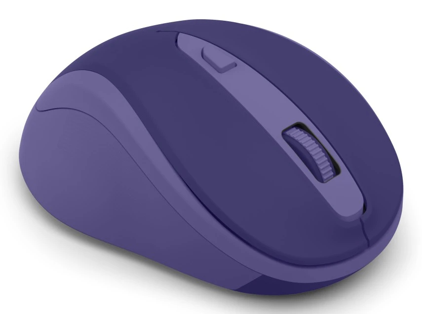 Eine lila Computermas Maus mit Scrollrad und Knöpfen.