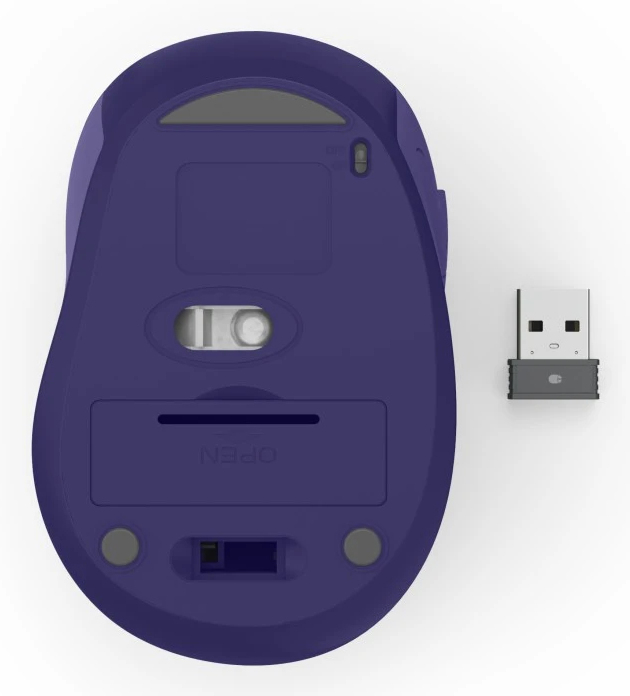 Die Unterseite einer lila Computermaus und ein USB-Empfänger.