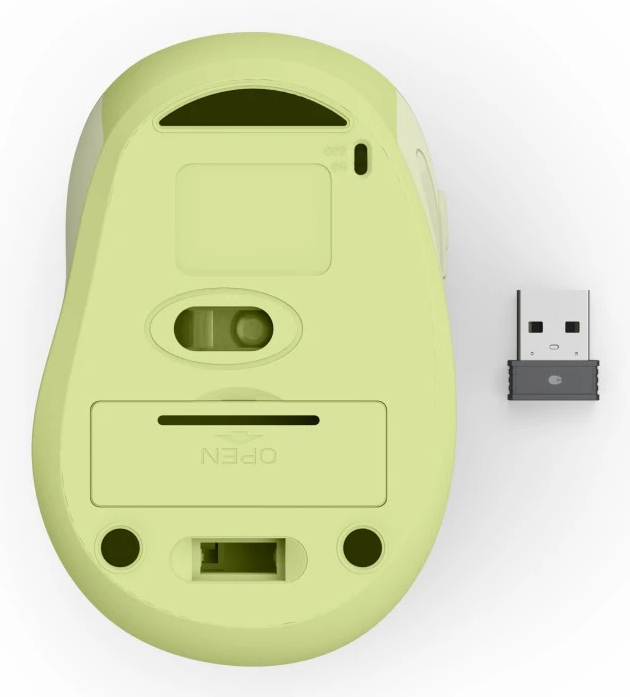 Unterseite einer hellgrünen Maus mit USB-Dongle.