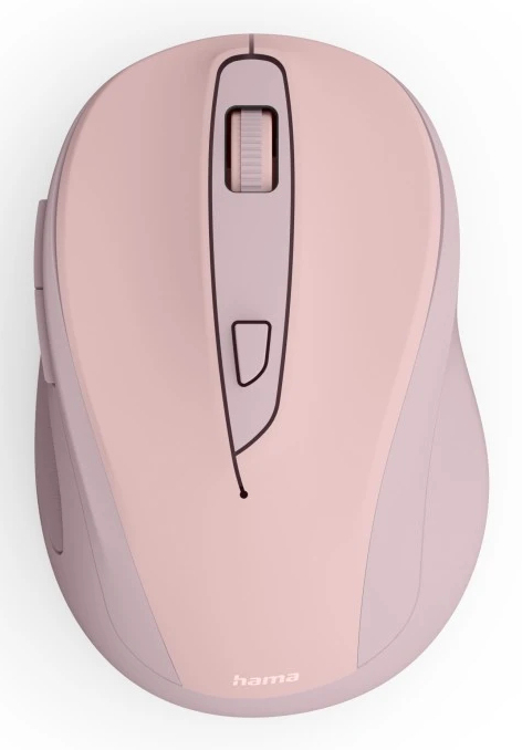 Eine rosa Computermaus mit Scrollrad und Seitentasten, Hama-Logo unten.