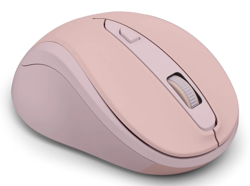 Eine rosafarbene Computermaus mit Scrollrad und Tasten, auf weißem Hintergrund.