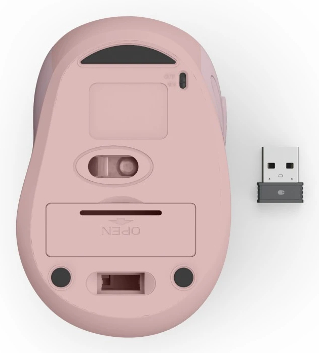 Die Unterseite einer rosa Computermaus mit einem USB-Empfänger daneben.