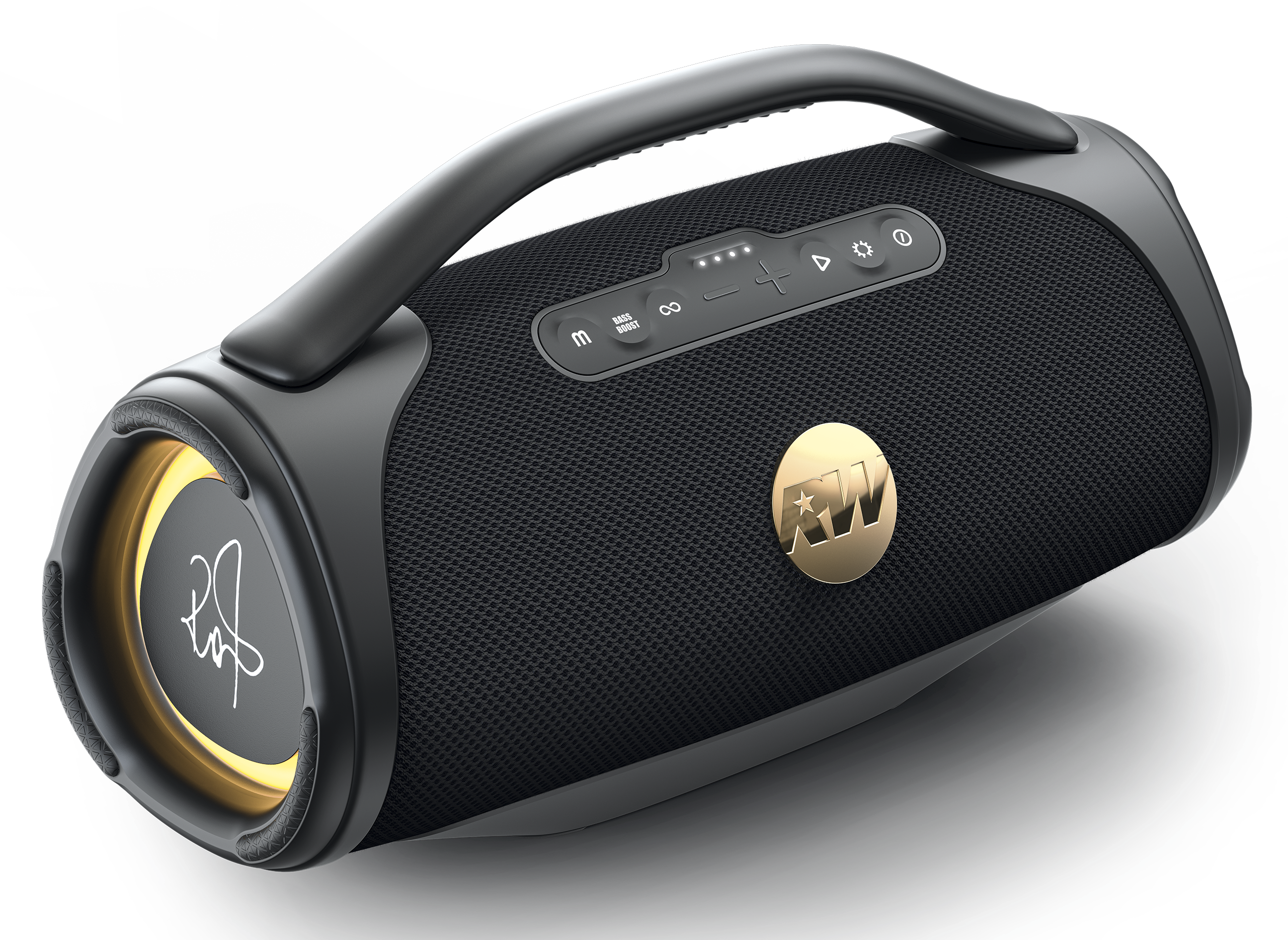 Schwarzer Bluetooth-Lautsprecher mit Tragegriff und goldenem Logo.
