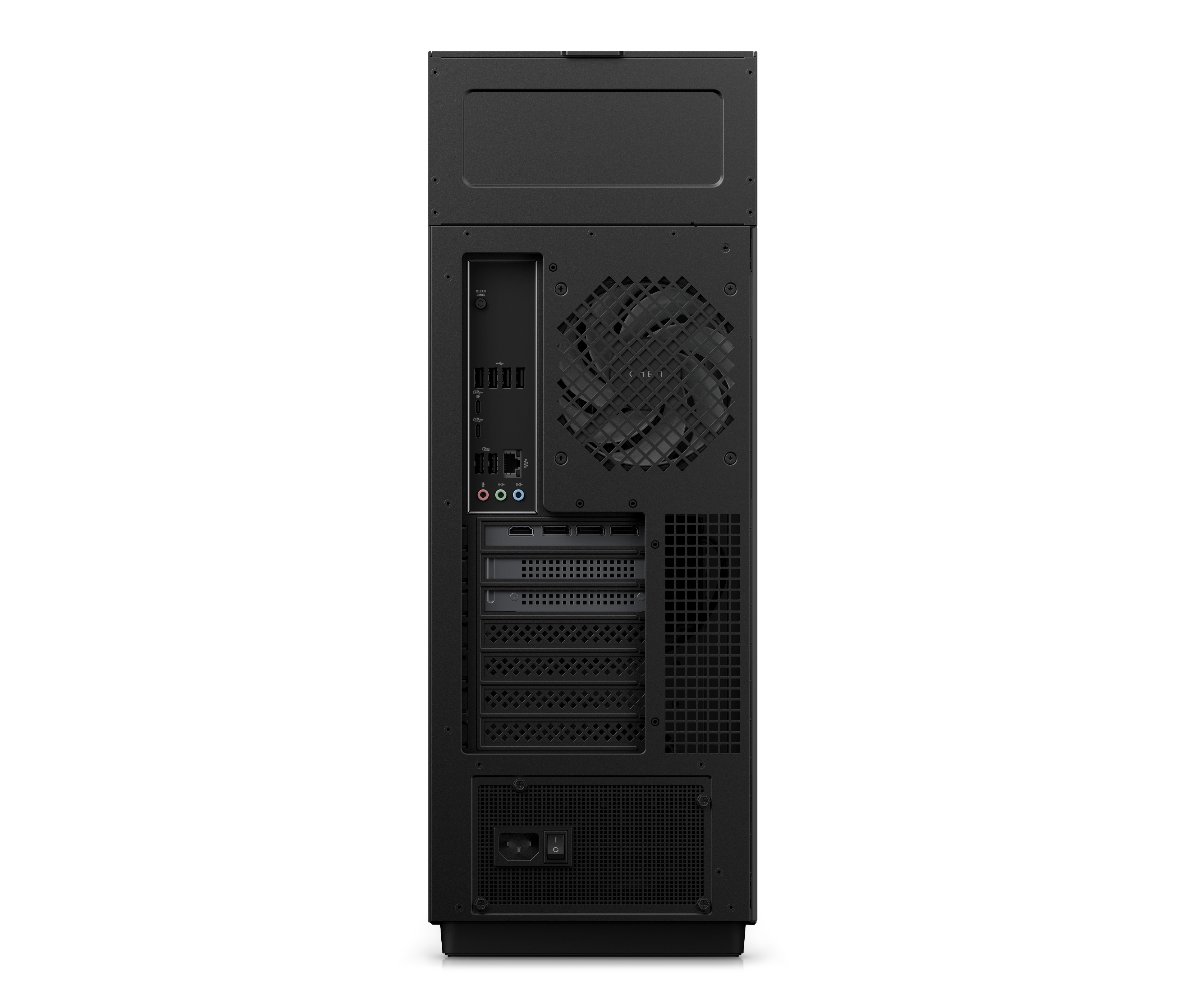 Rückseite eines schwarzen PC-Gehäuses mit Anschlüssen, Lüftern und Netzschalter.
