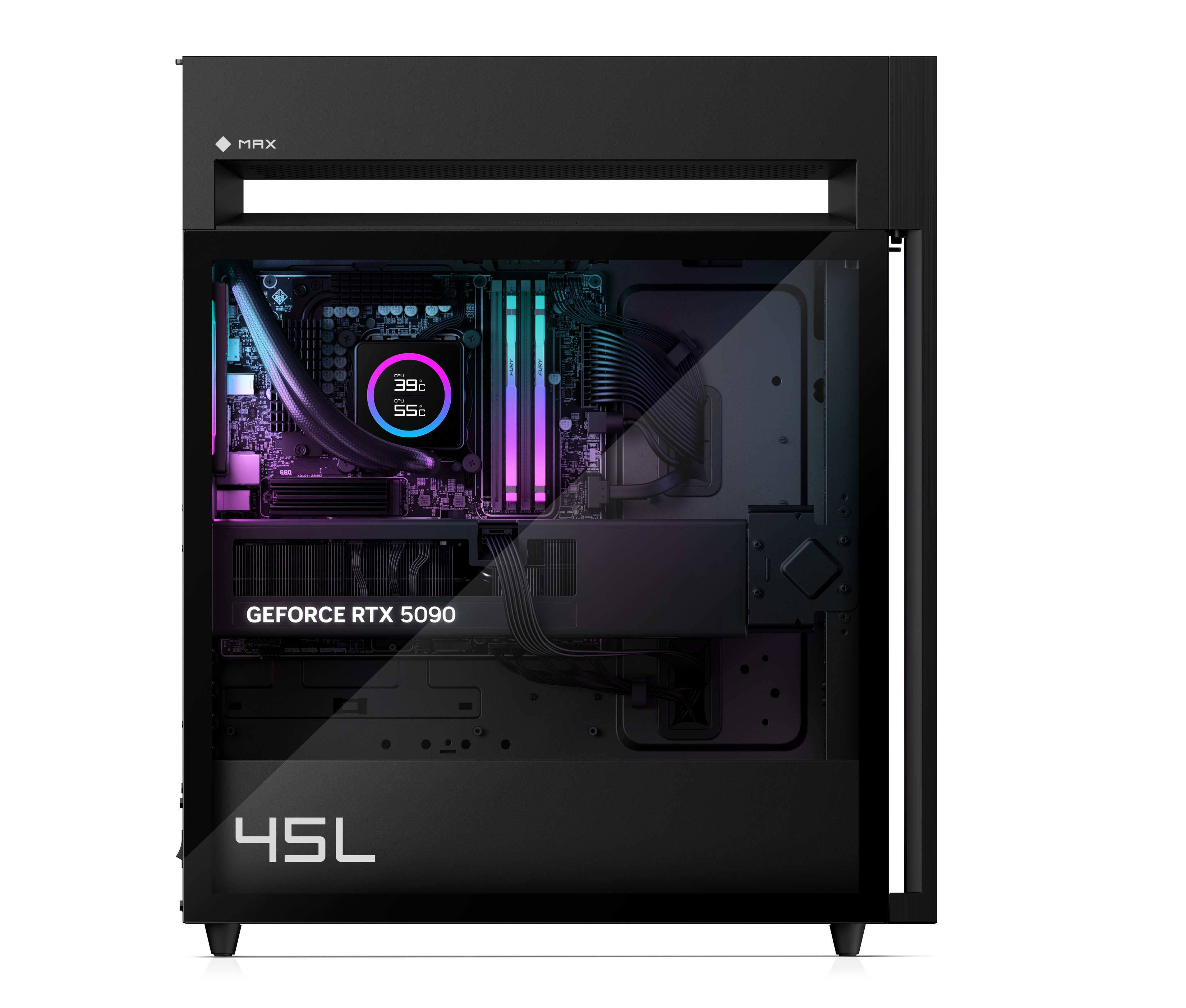 Ein schwarzer PC mit RGB-Beleuchtung, sichtbaren Komponenten und "GEFORCE RTX 5090".