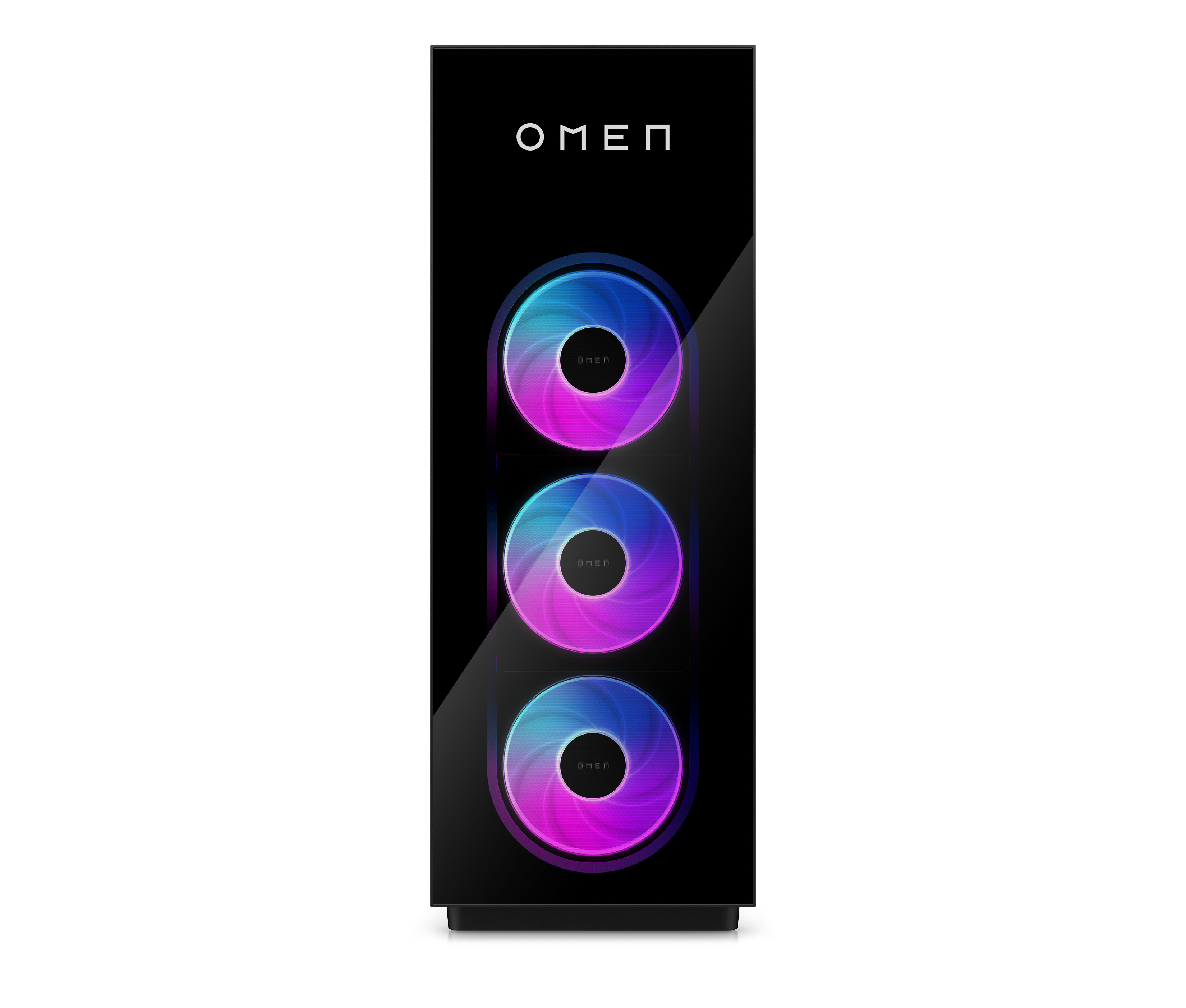 Schwarzes PC-Gehäuse mit drei beleuchteten Lüftern und dem OMEN-Logo.
