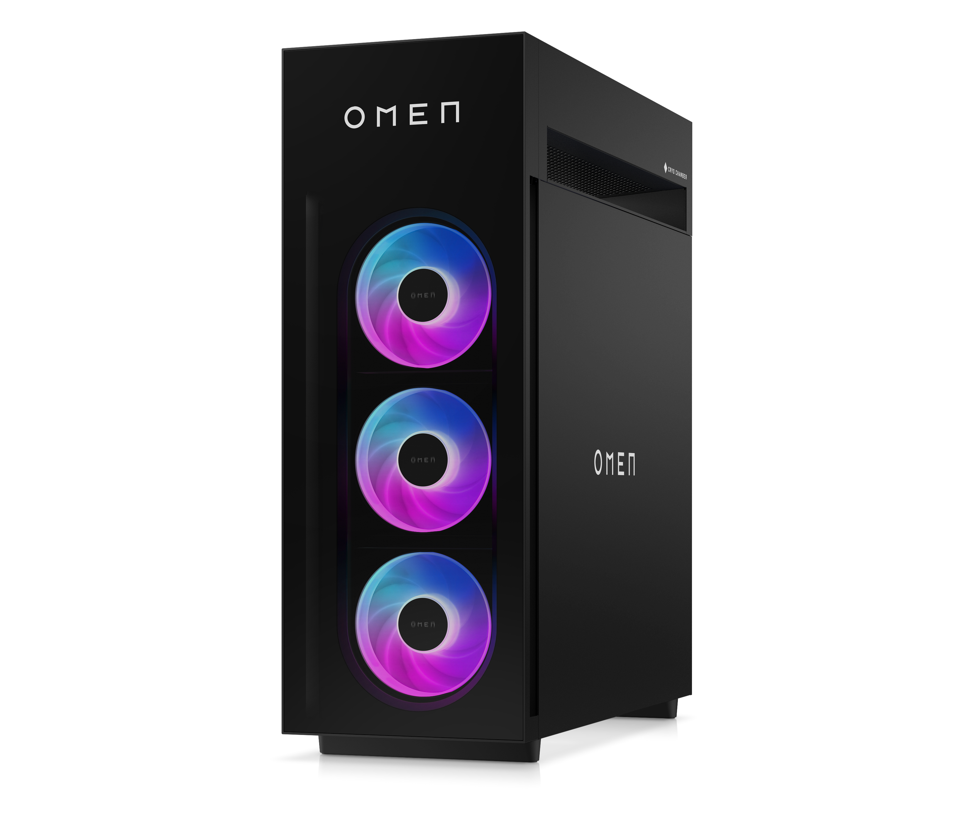 Schwarzer Gaming-PC mit beleuchteten Lüftern und OMEN-Logo.