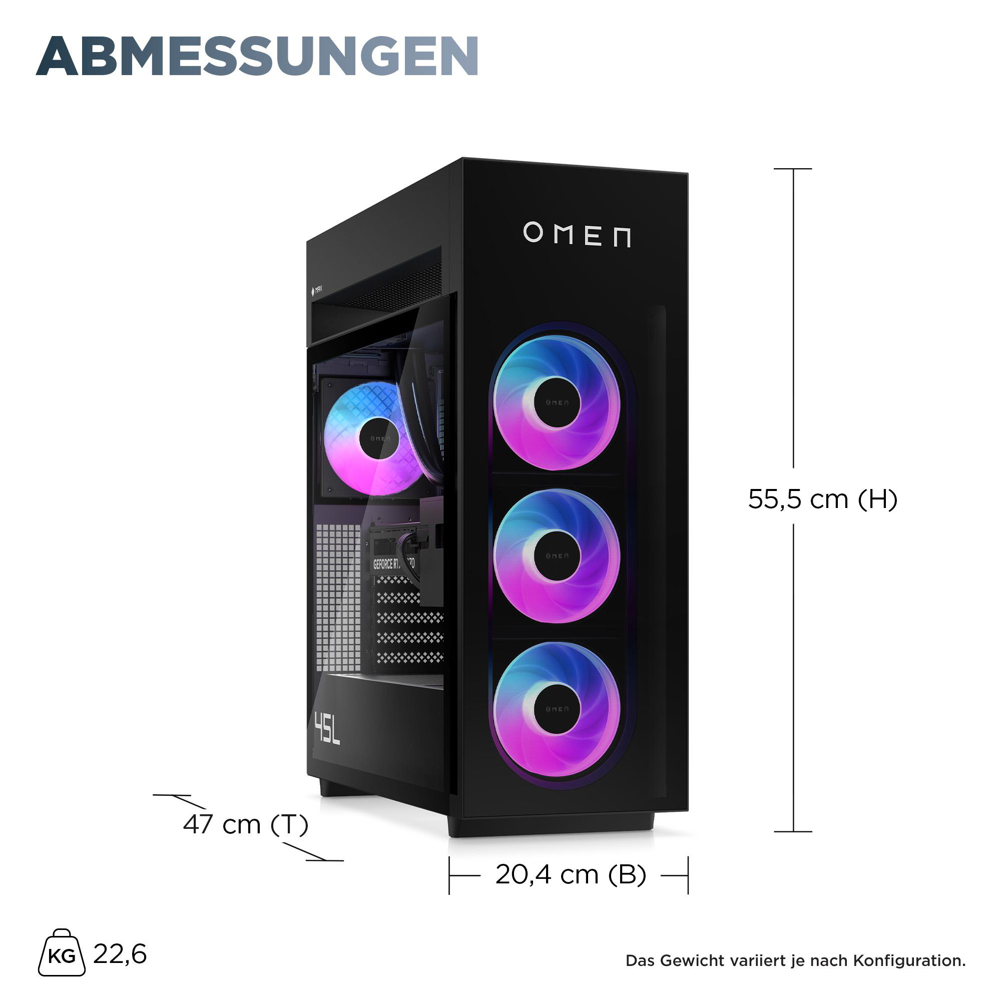 Schwarzer Omen PC mit beleuchteten Lüftern. Maße: 55,5cm H, 20,4cm B, 47cm T. Gewicht 22,6kg.