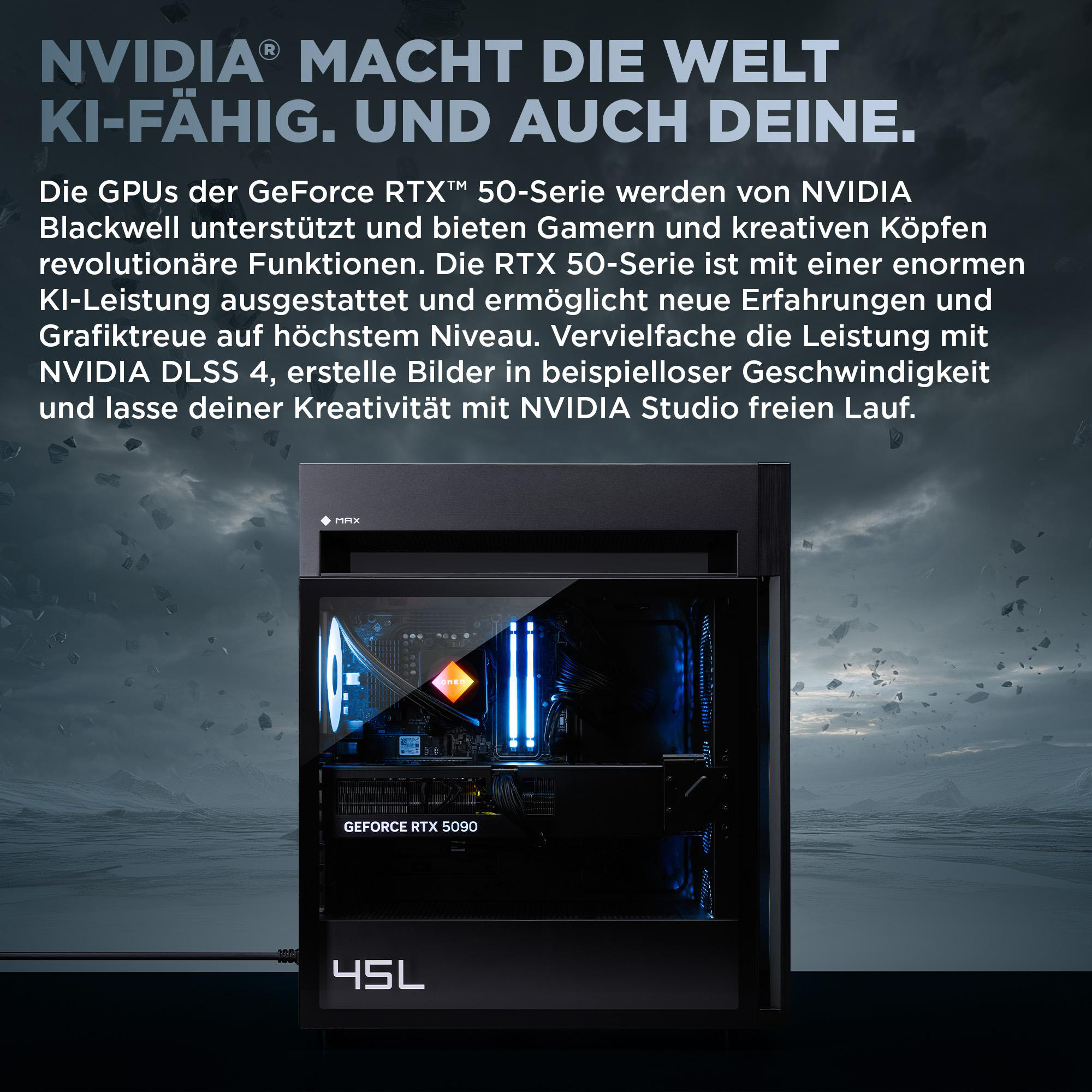 Ein schwarzer PC-Tower mit blau beleuchteten Lüftern. Text über NVIDIA.