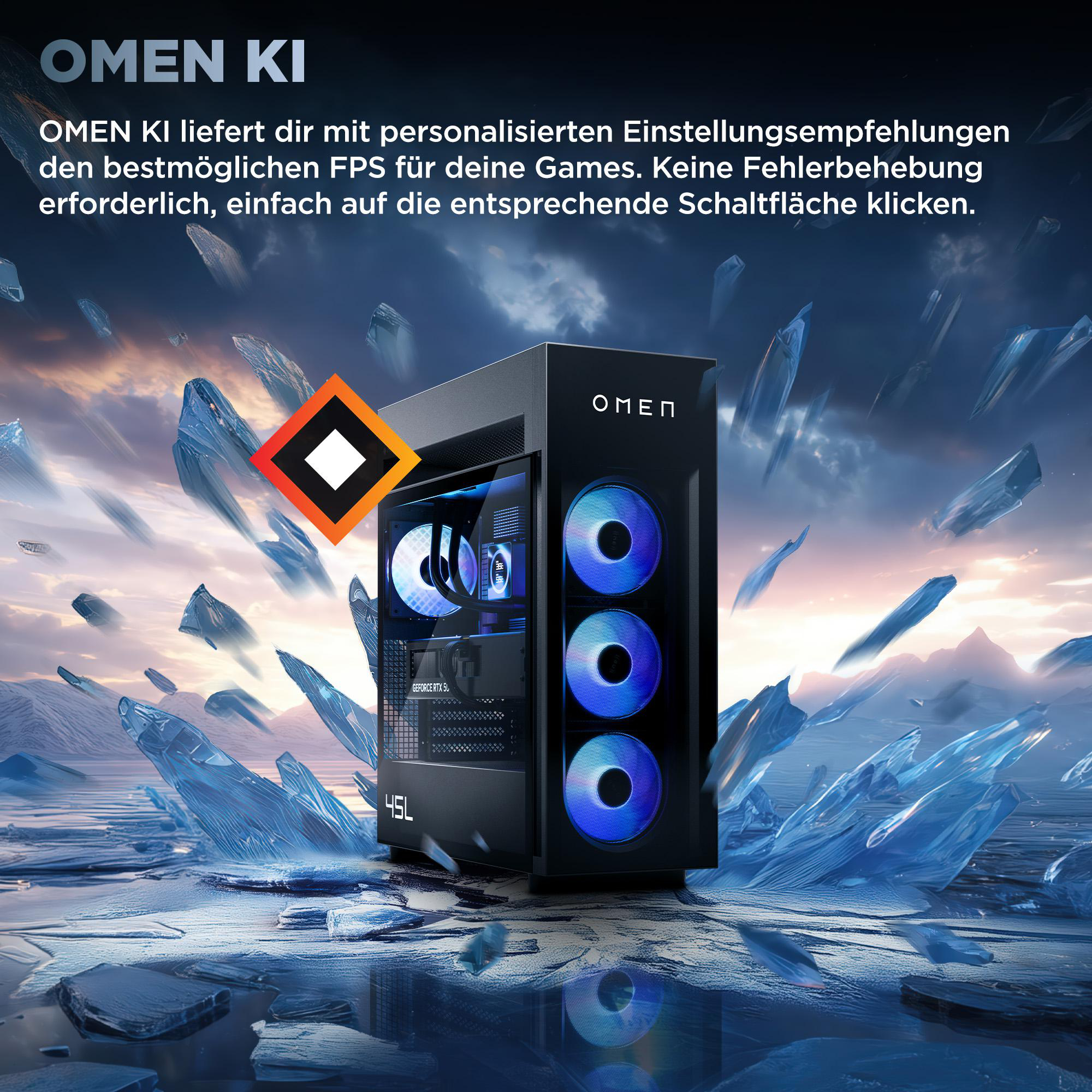 Ein OMEN Gaming-PC steht auf eisigem Boden, umgeben von schwebenden Eisformationen.