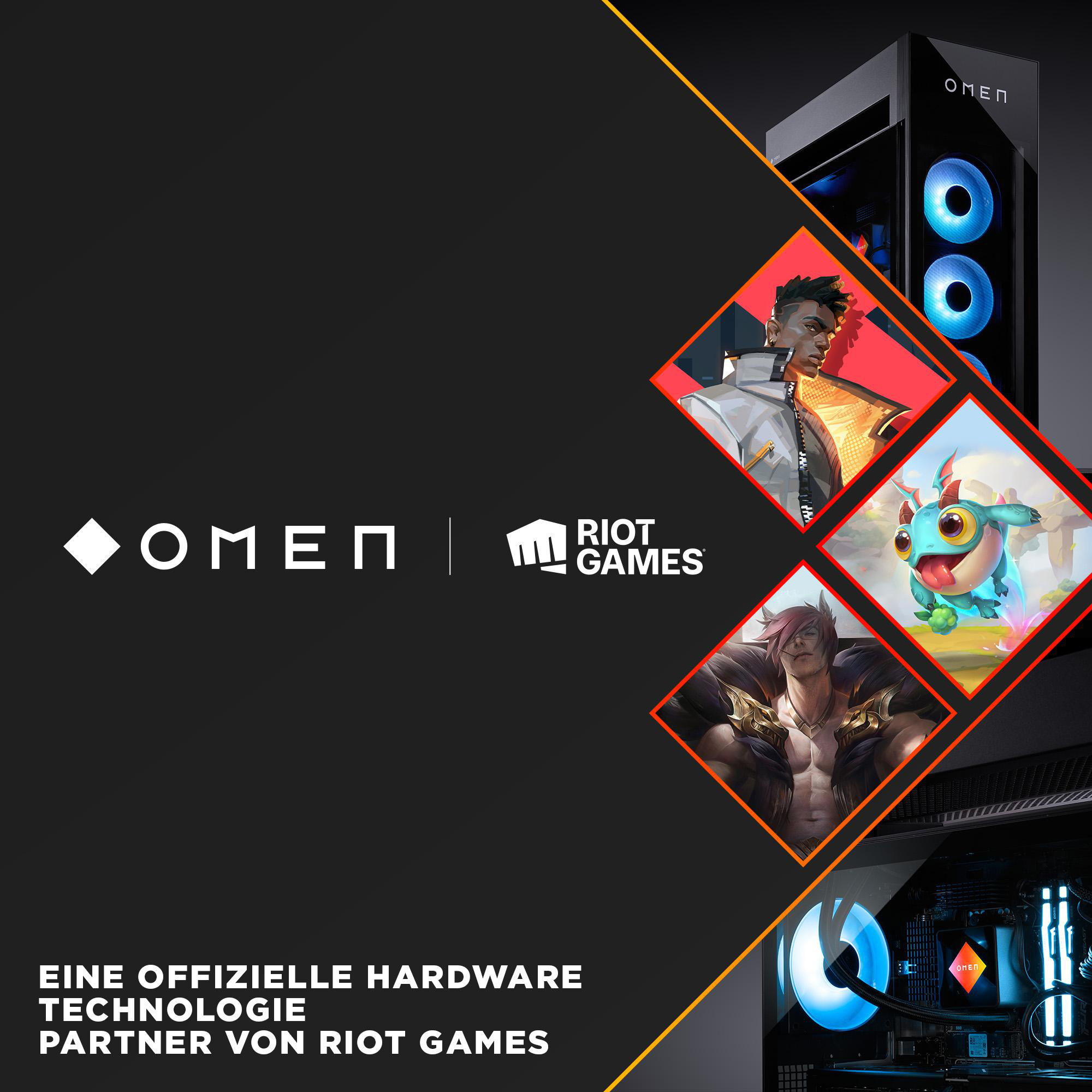 Ein OMEN-PC mit blauen Lüftern neben Riot Games-Charakteren: Phoenix, ein blauer Drache und Sett.
