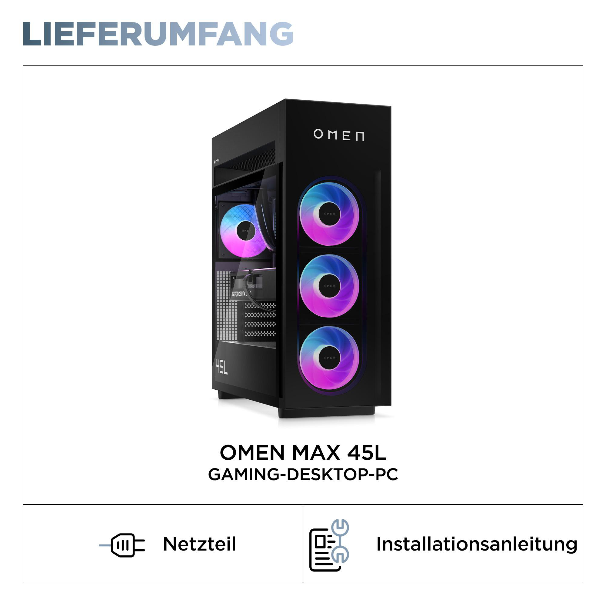 Ein schwarzer OMEN Gaming-PC mit RGB-Lüftern und "45L"-Logo.