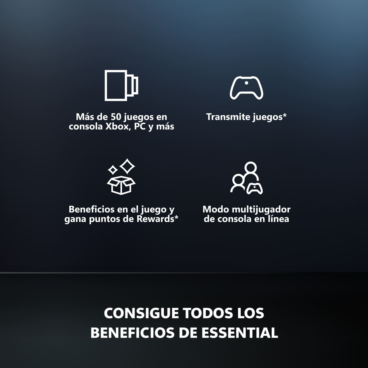 Beneficios de Essential. Mas de 50 juegos. Transmite juegos. Beneficios en el juego y gana puntos de Rewards. Modo multijugador de consola online.
