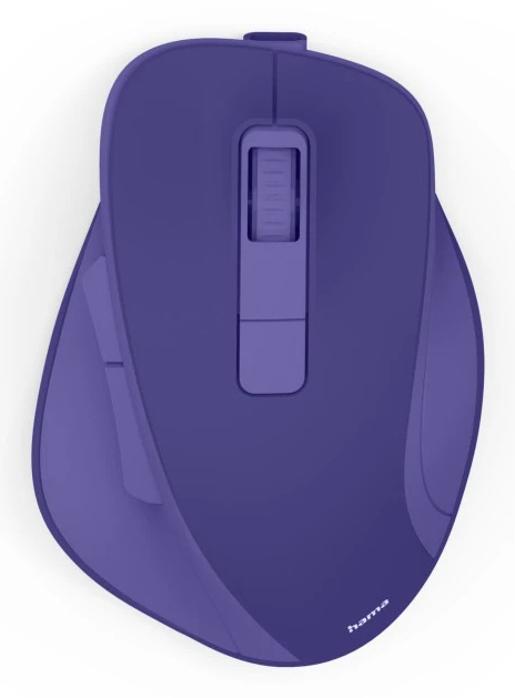 Eine lila Computermaus mit Scrollrad und Seitentasten, aus der Vogelperspektive.