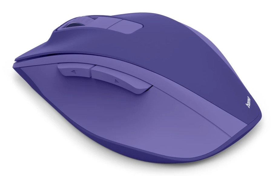 Lila Computermaus mit Scrollrad und Seitentasten, auf weißem Hintergrund.