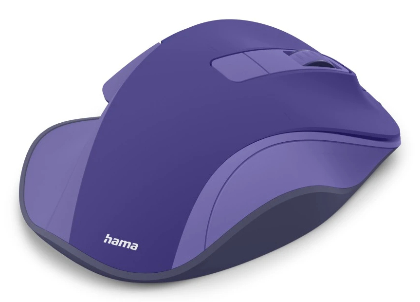 Eine lila Computermaus mit Scrollrad und Hama-Logo auf weißem Hintergrund.