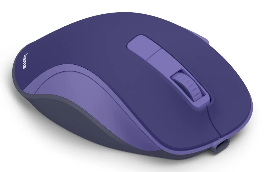 Eine lila Computermaus mit Scrollrad und Hammar-Logo.