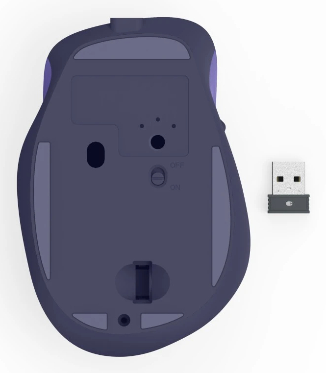 Die Unterseite einer violetten Maus mit einem USB-Dongle daneben.