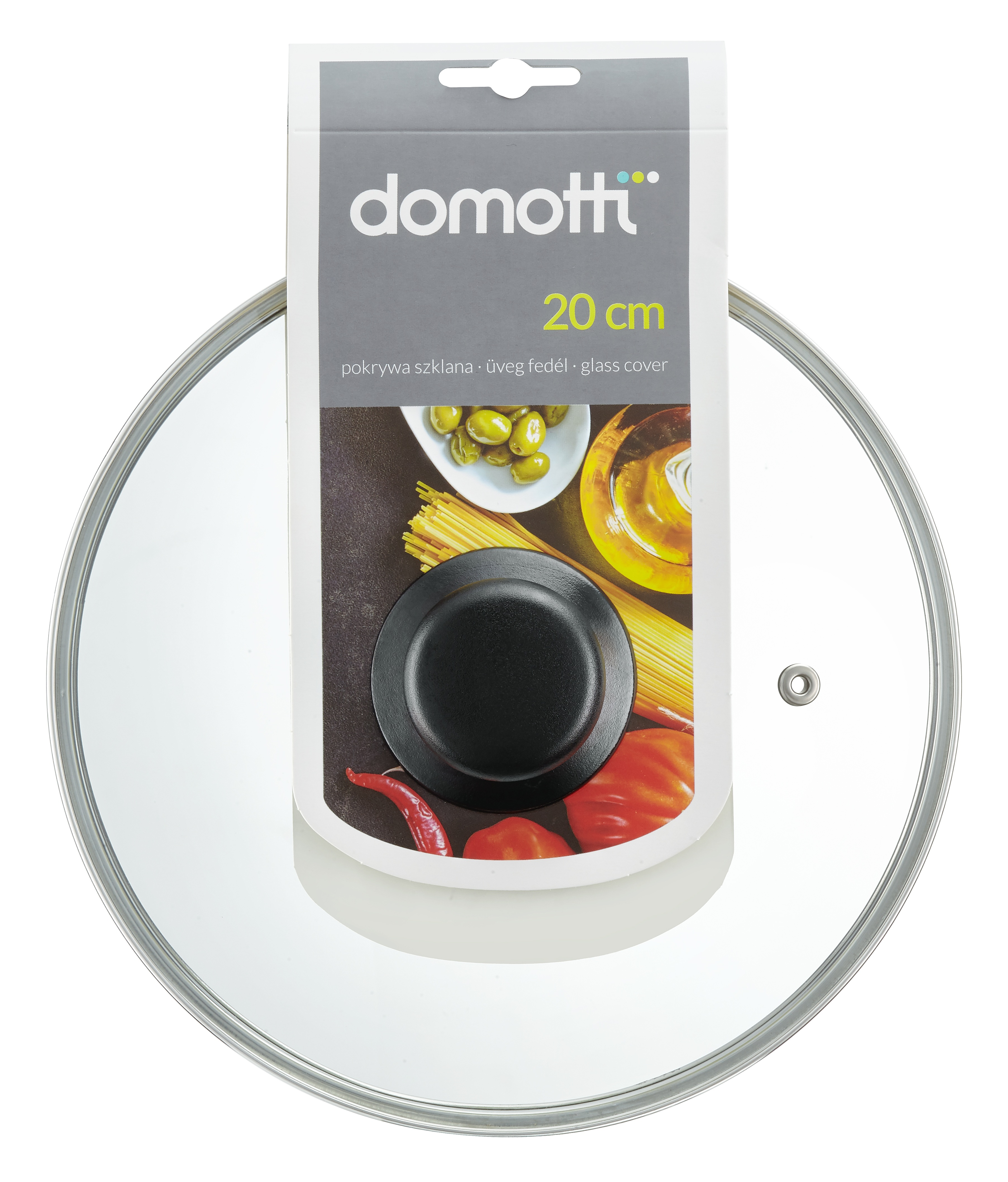 Okrągła szklana pokrywka z srebrną obręczą i czarną rączką.