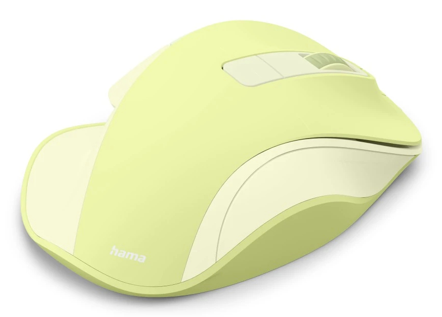 Eine hellgrüne Computermaus mit einem helleren Streifen an der Seite und einem Scrollrad.