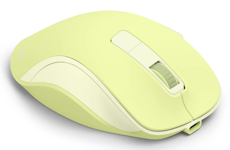 Eine hellgelbe Computermouse mit einem Rad und zwei Tasten, auf weißem Hintergrund.