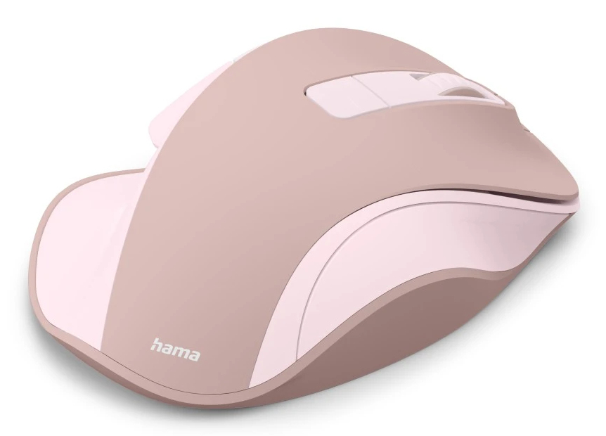 Eine rosafarbene Hama-Computermaus mit einem Scrollrad und Tasten.