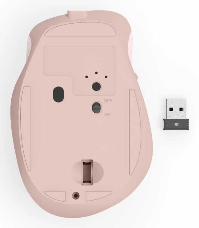 Unterseite einer rosa Maus mit USB-Empfänger daneben.