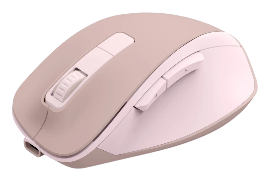 Ein beiger und weißer kabelloser Computermaus mit Scrollrad und Knöpfen.
