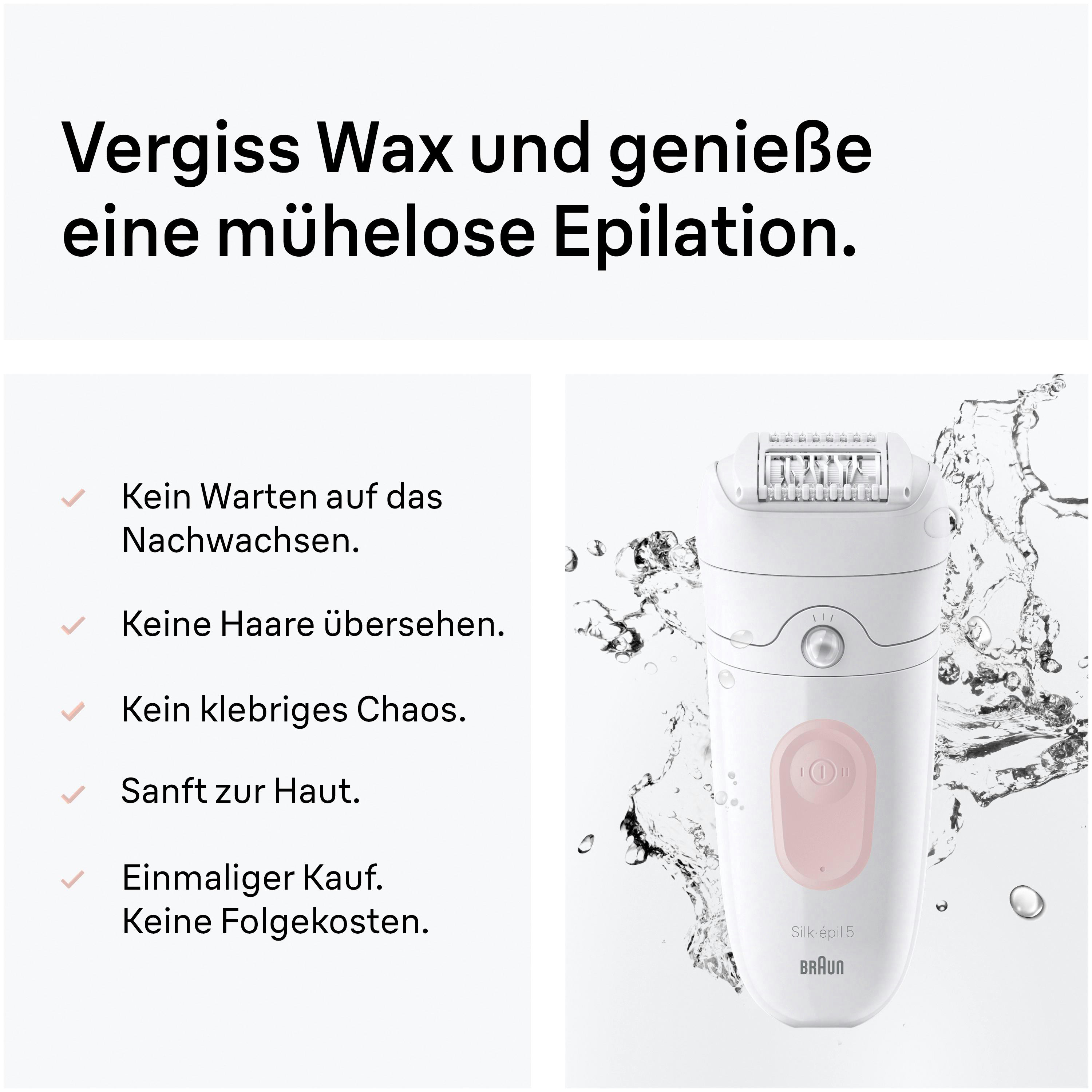 Ein weißer Epilierer mit pinken Akzenten spritzt Wasser.