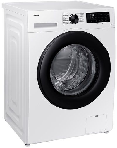 Weiße Samsung Waschmaschine mit schwarzem Bullauge und Bedienfeld.