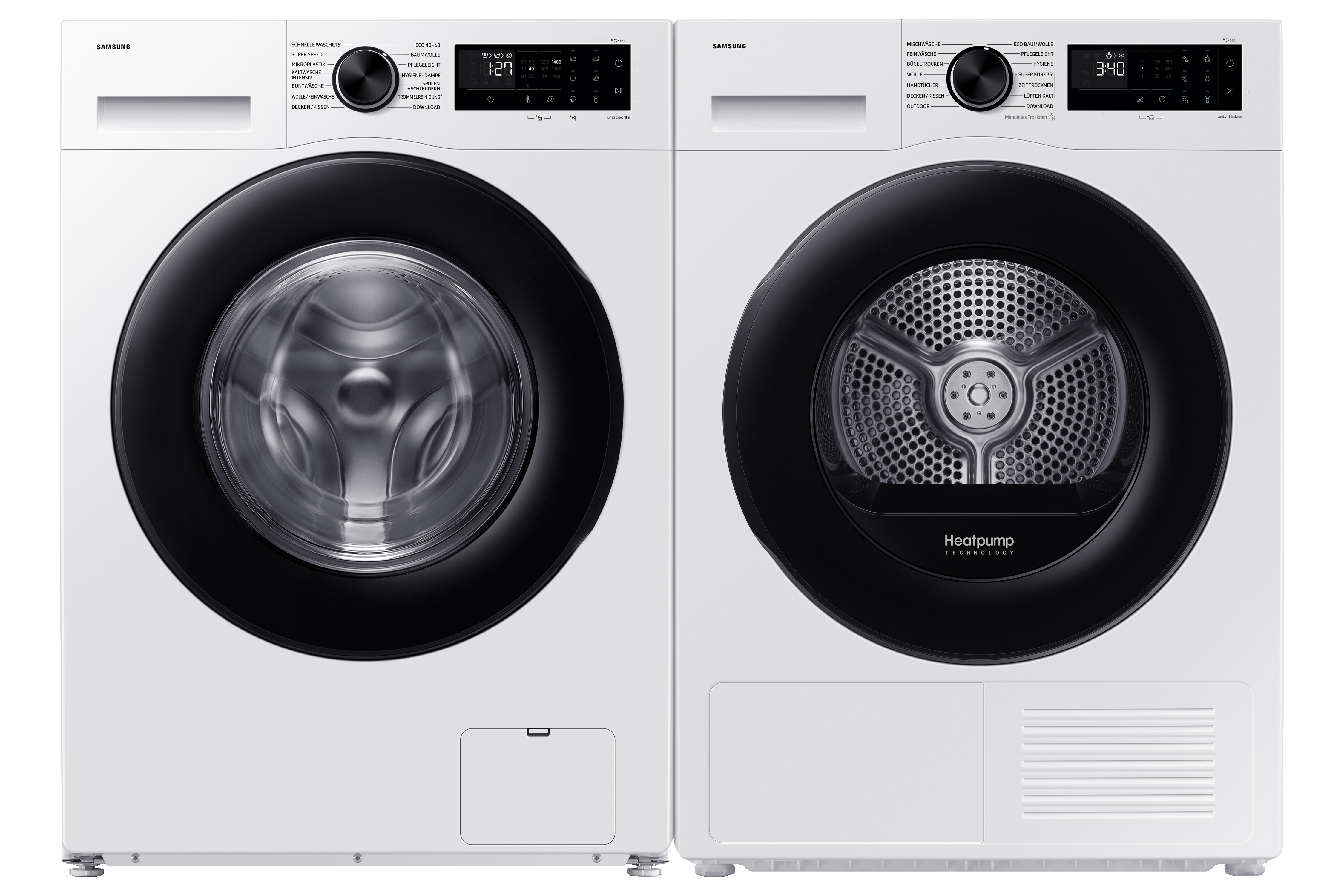 Weiße Samsung Waschmaschine und Trockner nebeneinander auf weißem Grund.
