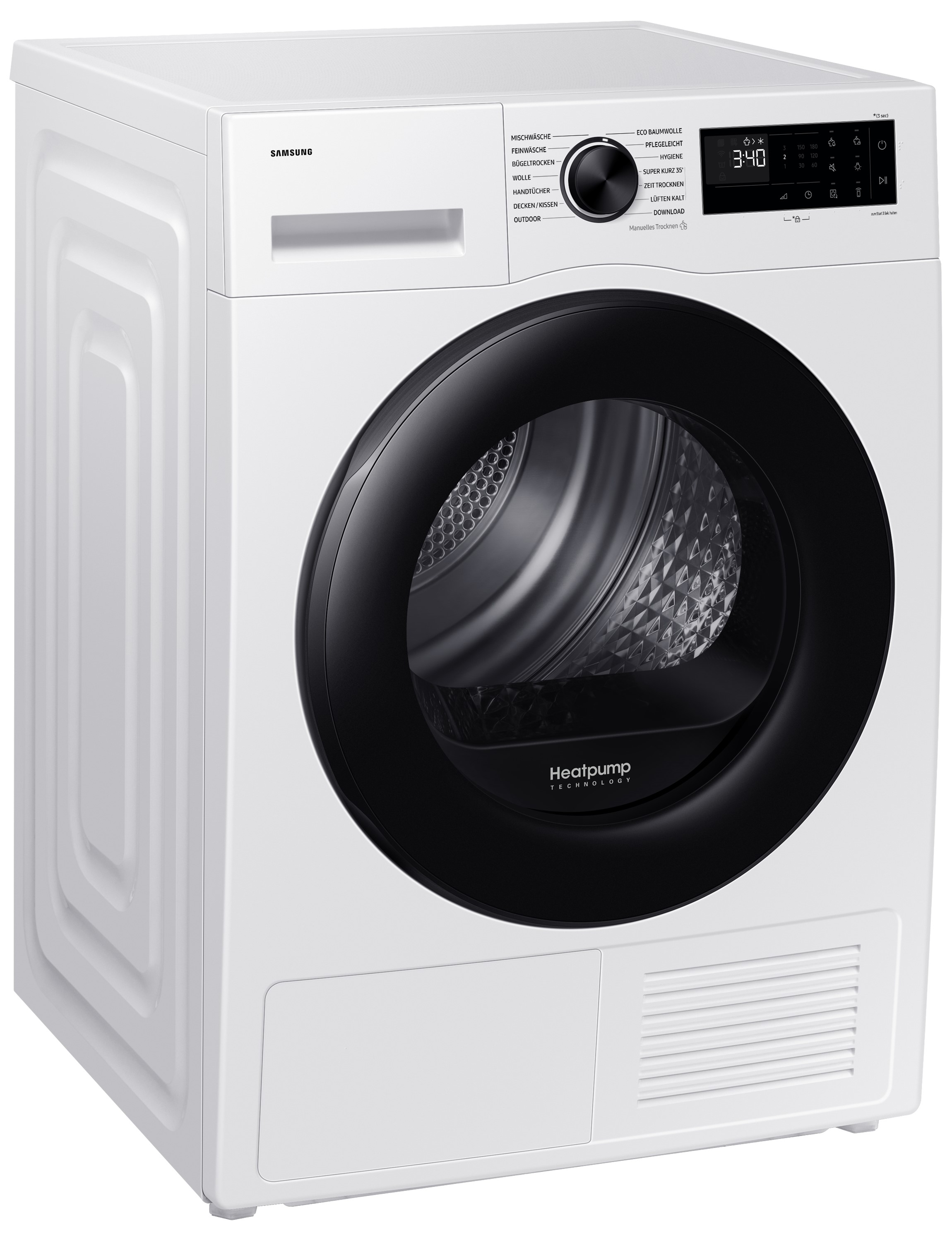 Eine weiße Samsung Wärmepumpentrockner-Maschine mit schwarzer Tür und Bedienfeld.