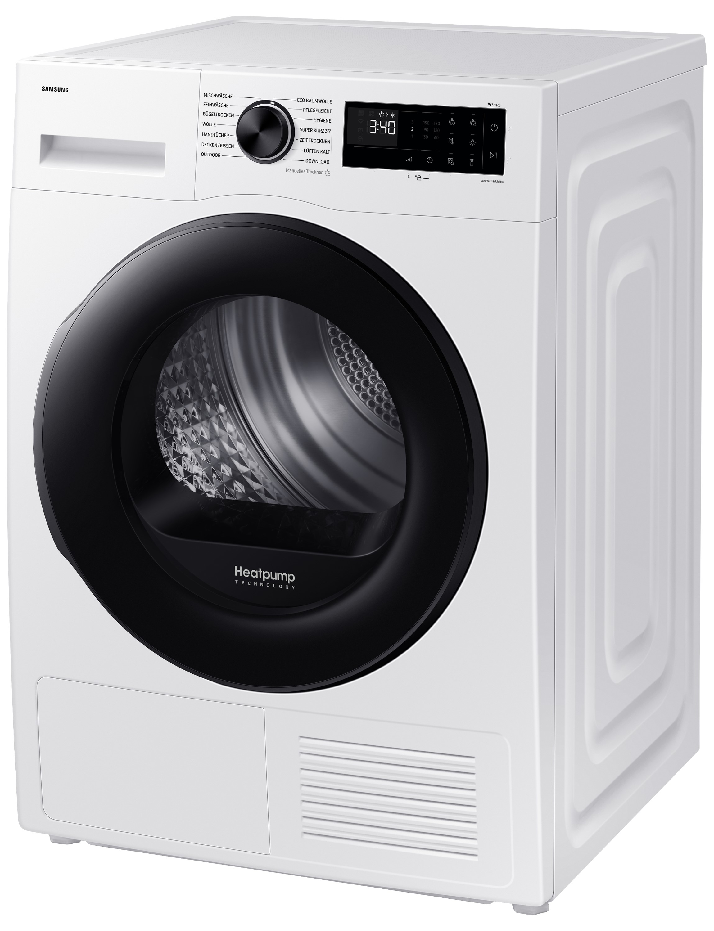 Eine weiße Samsung Wärmepumpentrockner mit schwarzer Tür und Display.