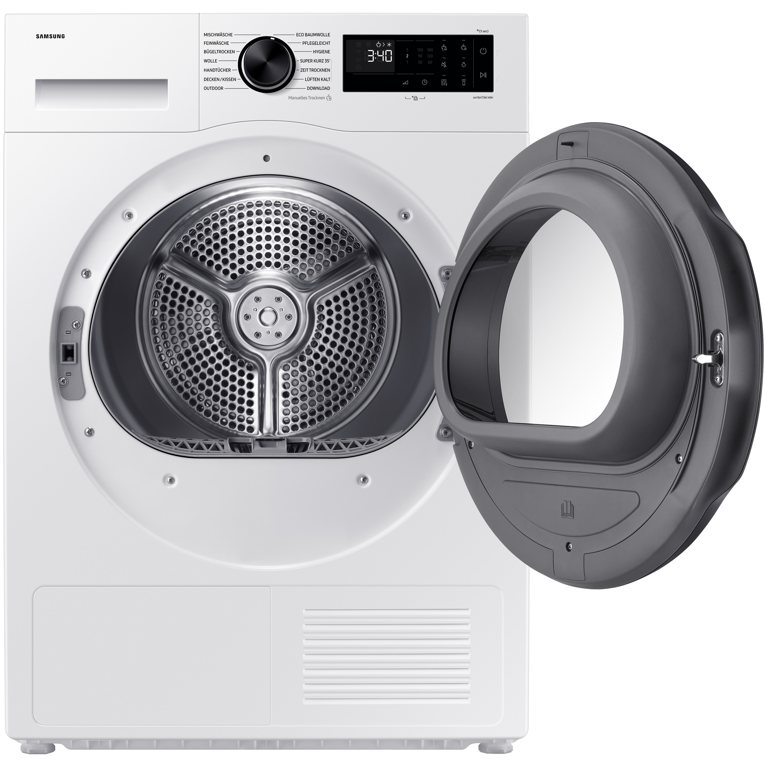 Weiße Samsung-Trockner-Tür offen, Trommel und Bedienfeld mit Display.